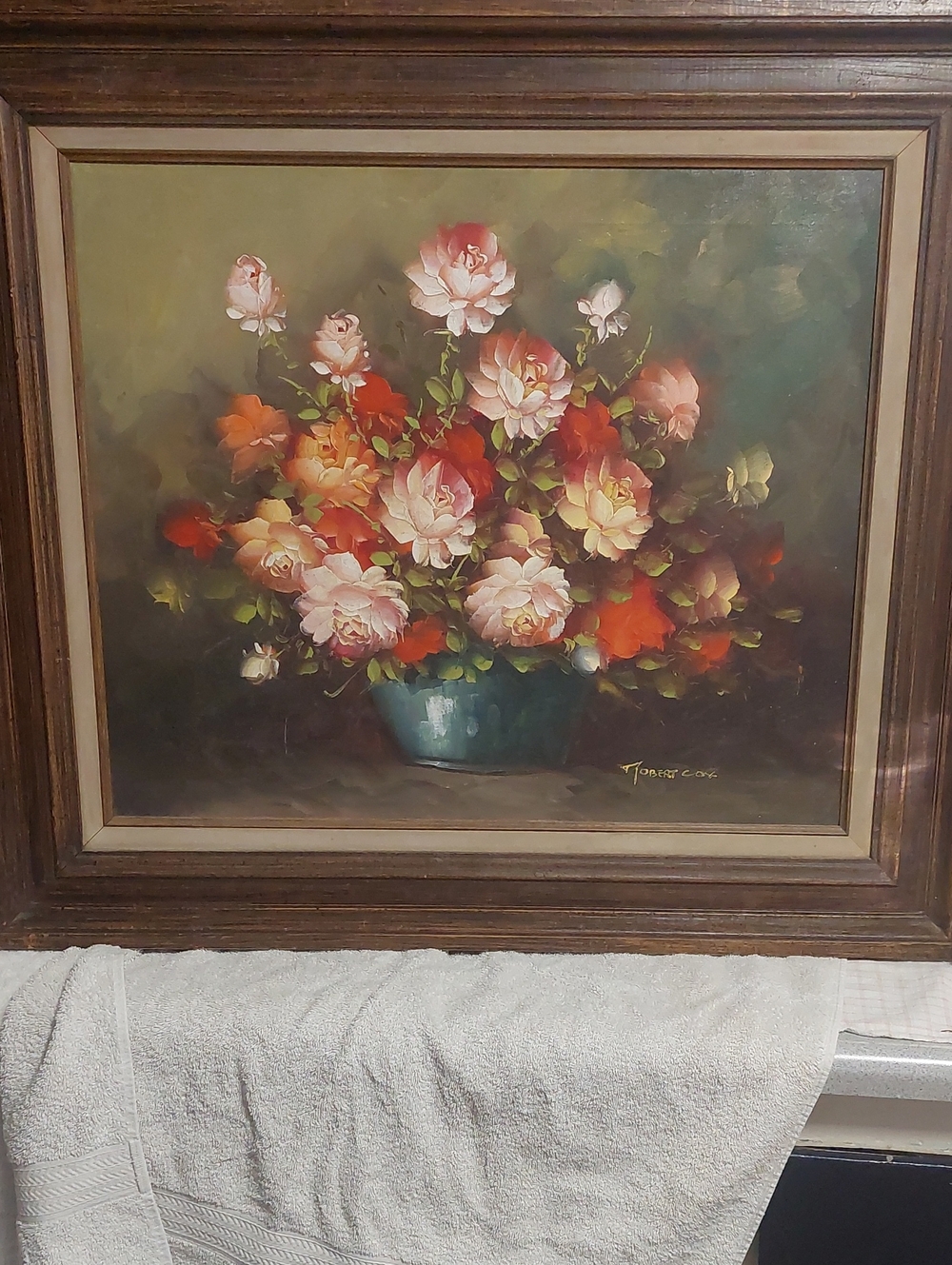 Hand-Painted Floral Bouquet Oil Painting in Teal Vase